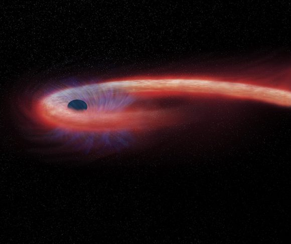 This artist's illustration depicts what astronomers call a "tidal disruption event," or TDE, when an object such as a star wanders too close to a black hole and is destroyed by the tidal forces created by the black hole's intense gravitational forces.  (Credit: NASA/CXC/M.Weiss.